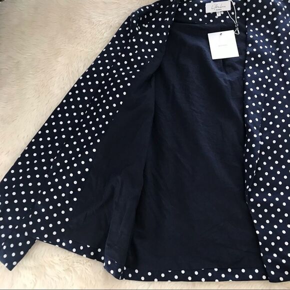 L’ACADEMIE Carter Linen Blazer Open Front Navy Blue White Polka Dot Medium New - Picture 9 of 16